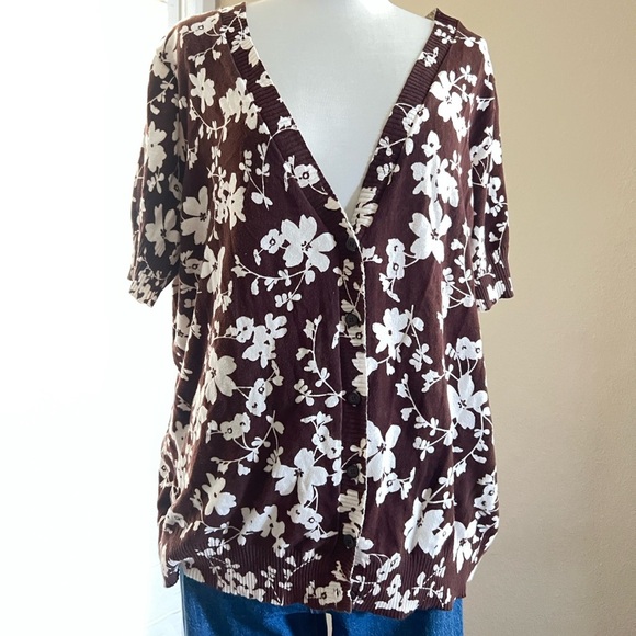 D&Co 100% Cotton Floral Button Front Short Sleeve Cardigan - Picture 7 of 7